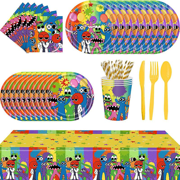 Rainbow Friends -teemaiset piirrettyjen hahmojen juhlatarvikkeet