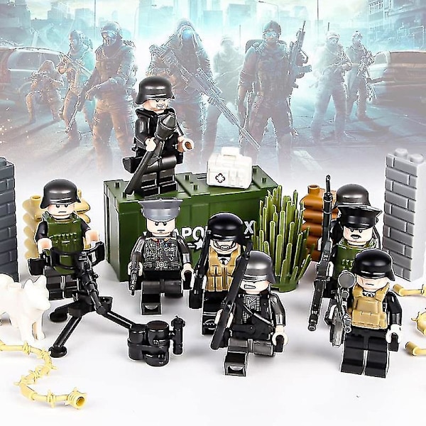 8 st Militär Mini Figurer Bas Ww2 Set + Vapen Kit Armé Vapen Soldater Leksaker