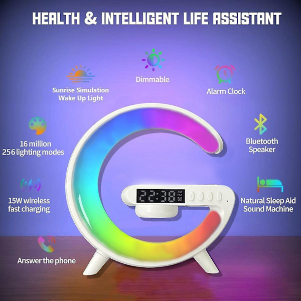 Bluetooth-högtalare Trådlös Laddare Atmosfärslampa, Bluetooth-högtalare Musikklocka Alarmknapp och App-kontroll