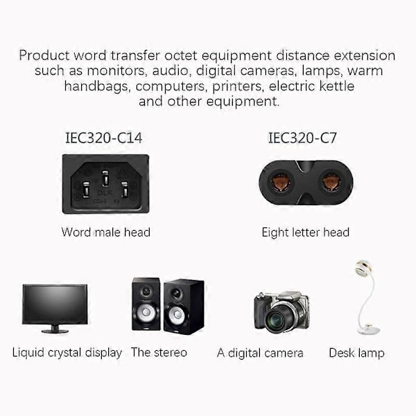IEC 3-Pin C14 Hann til C7 Hunn Konverter Adapterkabel for PDU UPS Vannkoker