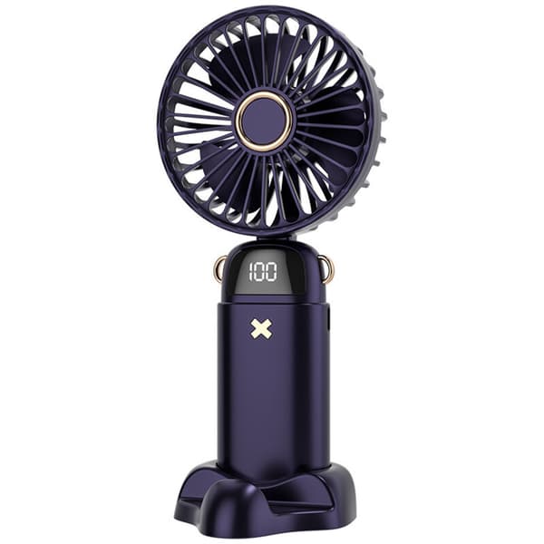 Kompakt USB genopladelig lommeventilator. Sammenfoldelig bordventilator med digitalt display - mørkeblå.