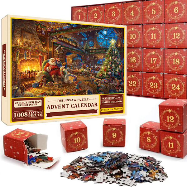 Puslespill adventskalender 2024, 1008 puslespillbrikker 24 dagers juletelling adventskalendere-01