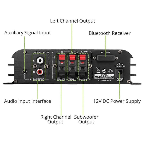 90W S-188 Bluetooth Stereo HiFi Forstærker 2.1 CH Audio Effektforstærker Bas Diskant Kontrol Musik Afspilning