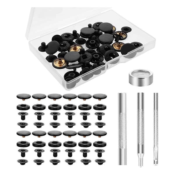 12 Sæt Trykknapper Kit 15mm Trykknapper til Læder Trykknapper Kit med 4 Monteringsværktøjer Lædernitte