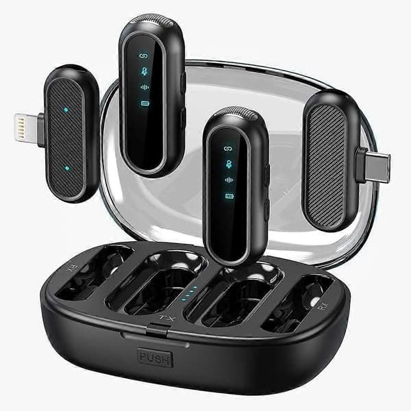 4-i-1 trådløs Lavalier-mikrofon for Lightning/Android med ladeetui