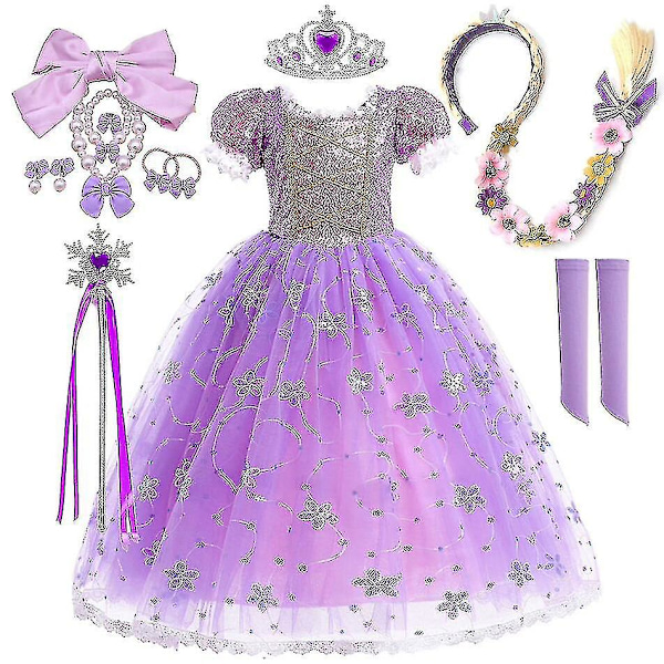 Prinsesse Rapunzel-kjole for jenter - Elegant lilla kapper, fancy karnevalskostyme, barnekjole til prom, kveldskjole, Halloween-rollespill, kjole