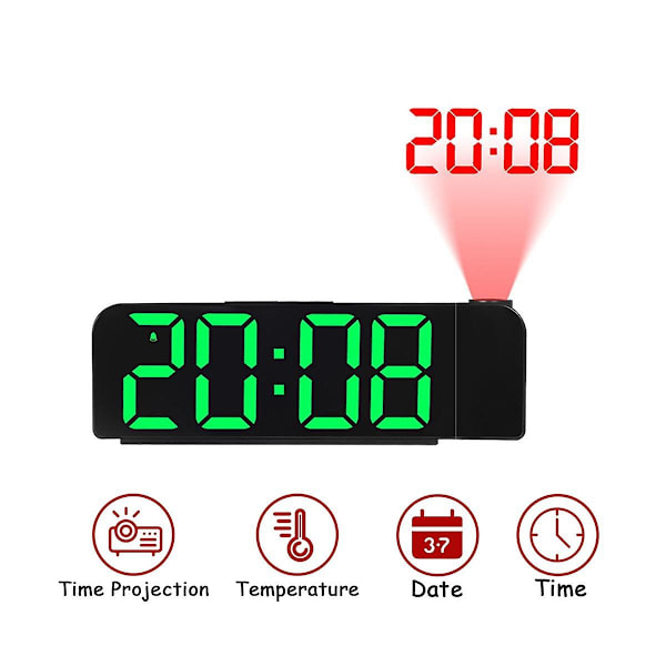 180 graders roterande projektionsväckarklocka 12/24h LED digitalklocka USB-laddning takprojektor väckarklocka (grön)