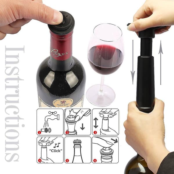 Vacu Vin Sort Pumpe med Vinsparepropper - Holder Vin Frisk Op Til 10 Dage (sort