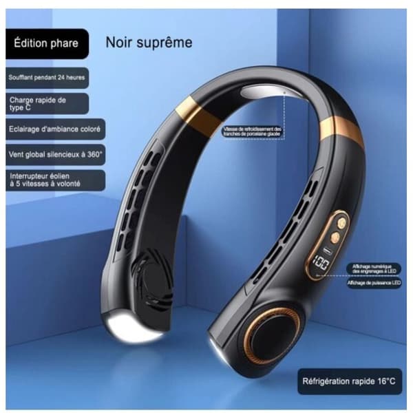 Mini bærbar USB elektrisk halsventilator. Stille. LED digitalt display. Bladfri. Lys. 5 hastigheder til sommer.
