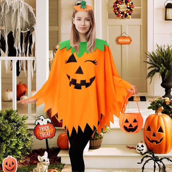 Halloween Græskar Poncho til Kvinder, Græskar Kappe Kostume med Pandebånd og Slikpose