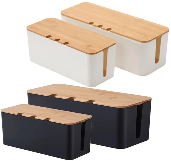 Kabelorganisator - Kabelstyring - Kabelholder og ærme til tv-kabler, computer og USB-hub - Bambuslåg - Sort - Kabelboks | Kabelboksopbevaring