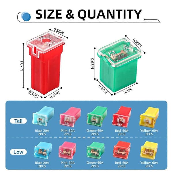 20-pack Bilsäkringar Sortimentskit, Höga/Standard och Lågprofil Boxformade Säkringar för Pickuper, Ca