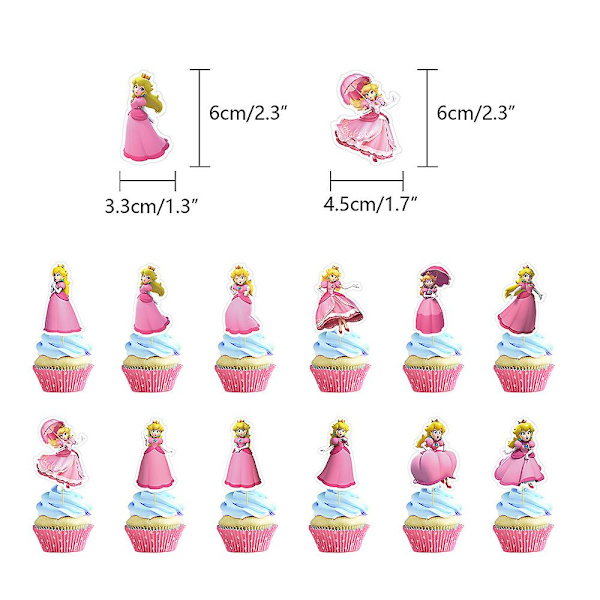 Prinsessa Peach -teemajuhlatarvikkeet - Ilmapalloja, lippuja, kakun koristeita, cupcake-koristeita ja lahjoja