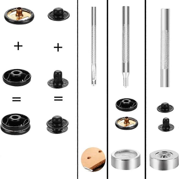 12 Sæt Trykknapper Kit 15mm Trykknapper til Læder Trykknapper Kit med 4 Monteringsværktøjer Lædernitte