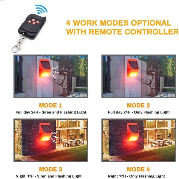 Led solcell rörelsesensor stroboskopljus, ip65 vattentät med fjärrkontroll, 129db