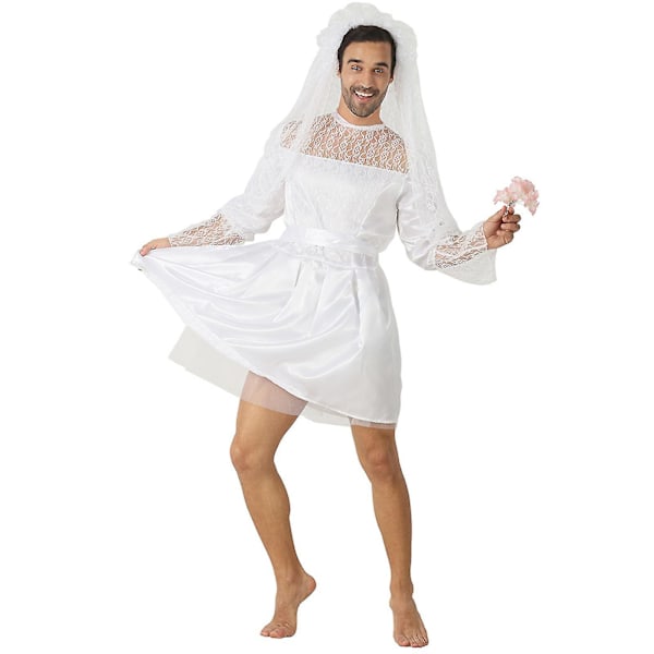Bästa rabatt - herr bröllopsklänning rolig manlig vit bruddräkt nyhet Halloween maskerad stag do hönsnatt fest Outift