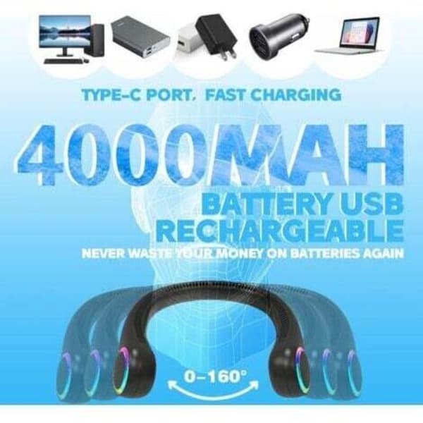 Halsventilator. Mini USB-ventilator. Bladløs ventilator. 4000 mAh batteri og tre hastigheder.