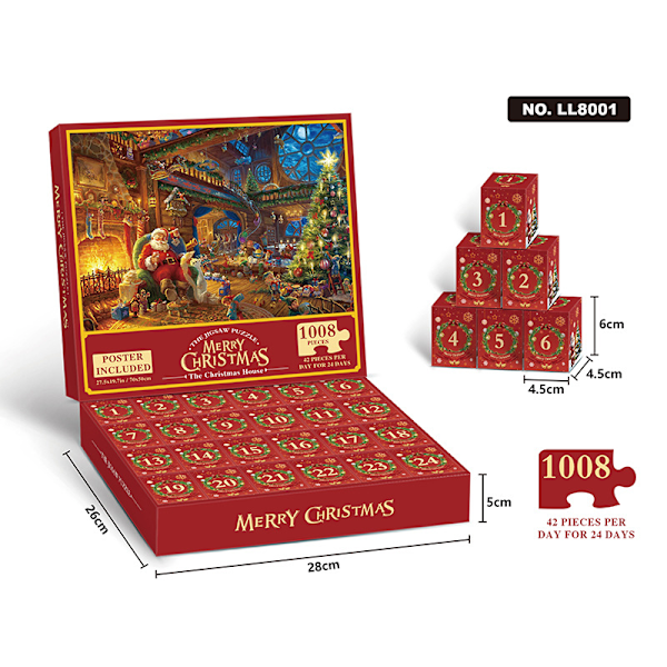 Puslespil Adventskalender 2024, 1008 Puslespilsbrikker 24 Dages Jule Nedtælling Adventskalendere-A