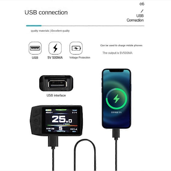 Ebike Display för KT TF01U 24V 36V 48V Intelligent Färgstark LCD Mätare Vattentät Anslutning Elektrisk Cykel
