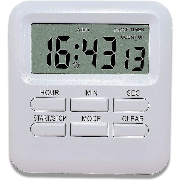Digital Timer med 3 i 1 Klok / Alarmfunktion, Magnetisk Køkken Timer, Nedtællings Stopur Timer, Køkken / Studie / Sport Tidshåndtering (hvid)