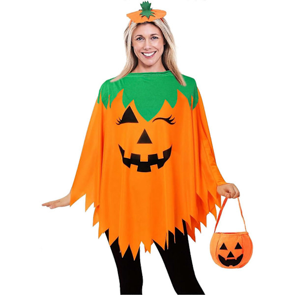 Halloween Græskar Poncho til Kvinder, Græskar Kappe Kostume med Pandebånd og Slikpose