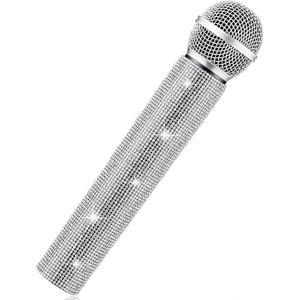 Mikrofonrekvisitum i Plastik - Legetøjsmikrofon - Glitterbesat - Til Disco-Scene, Live-Broadcast (Sølv)