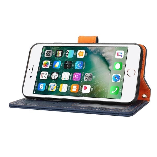 För iPhone SE (2022) (2020) 8 7 Ställfodral Litchi Textur Äkta Läder Plånboksfodral RFID-blockering Blå