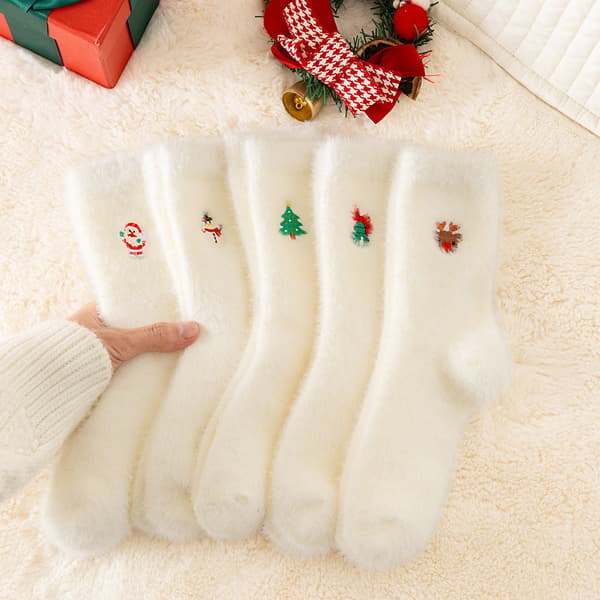 Par julesokker til kvinder, hvid minkfleece, varme og tykke.