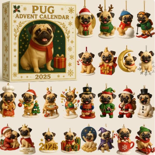 Juleblindboks – Mopsdesign – Akrylpynt – 24-dagers julekalender / Julepynt Blindboks