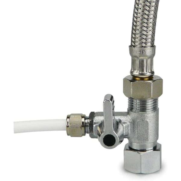 Solid messing treveisventil, integrert kobling for vannrenser, metall med 3 porter: 3/8\", 1/2\", 1/2 tomme