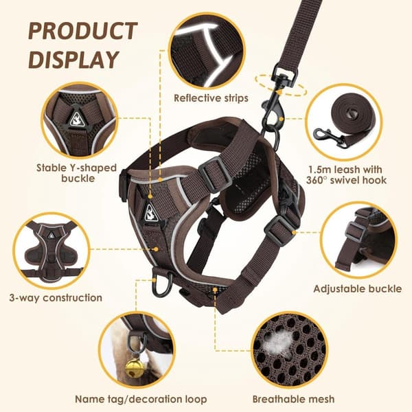 Hundsele och koppelset - Justerbar husdjurssele - För små och medelstora hundar - Triangulär stabiliserande ring - 2 koppel