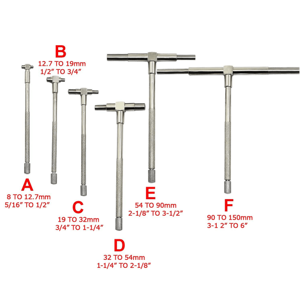 Teleskooppinen mittaussetti sisämitta - 6 osaa säädettävää sisähalkaisijan teleskooppimittaria, 8-150 mm