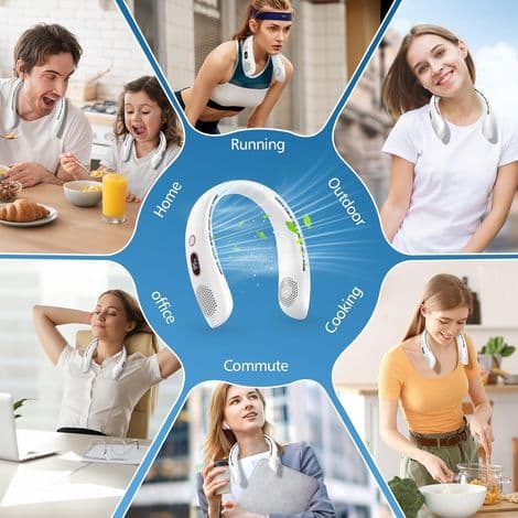 Bærbar bladløs halsventilator, støjsvagt design, tre blæserhastigheder, genopladelig ventilator - (hvid)
