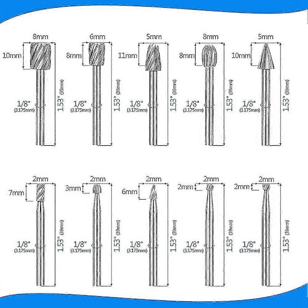 20 stk. HSS Fræser Karbid Graveringsbits til Dremel Fræsersæt 1/8\" (3 mm) Skaft til Dremel Proxxon