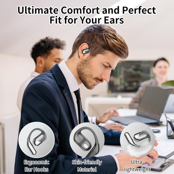 Trådløse Bluetooth-hodetelefoner med åpen design og mikrofon, ørepropper med ergonomiske ørekroker, sikker passform for løping