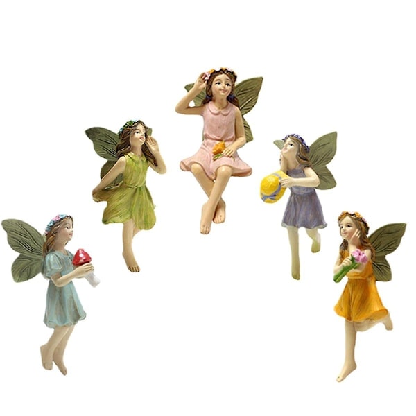 Feyfiguriner 5-pack Resin Feyfigurer med Flygande Vingar Miniatyr Feyträdgård Figuriner Söt Fey