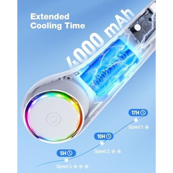 Mini USB halsventilator, håndfri, tre blæserhastigheder, med LED-lys. Bærbar ventilator, hvid.