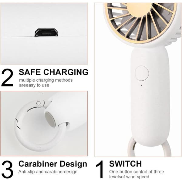 Mini bærbar ventilator. Håndholdt ventilator. Personlig USB-bordventilator. Lommeventilator (hvid)