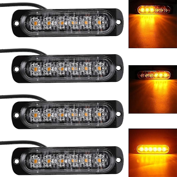 4 stk 18W 6 LED Slank Amber Gult Blinkende Blitslys Bar Bil Lastebil Nødsignal Parklys Lampe 12-24V