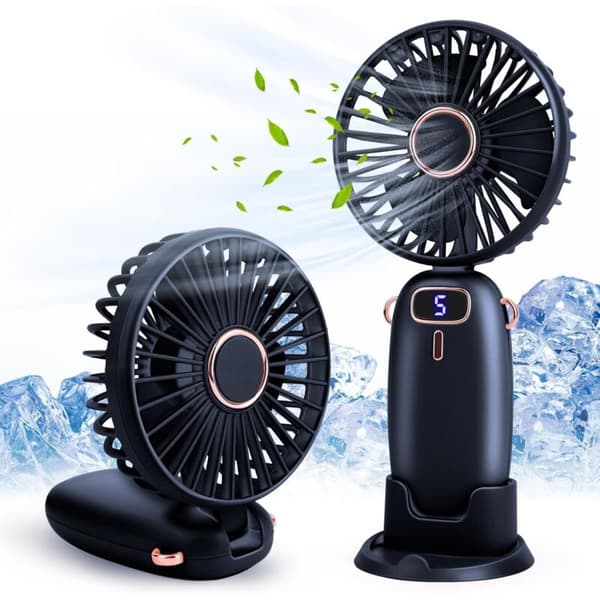 Lille 5-trins lommeventilator med base. Mini bærbar USB-ventilator, støjsvag og kraftfuld (blå).