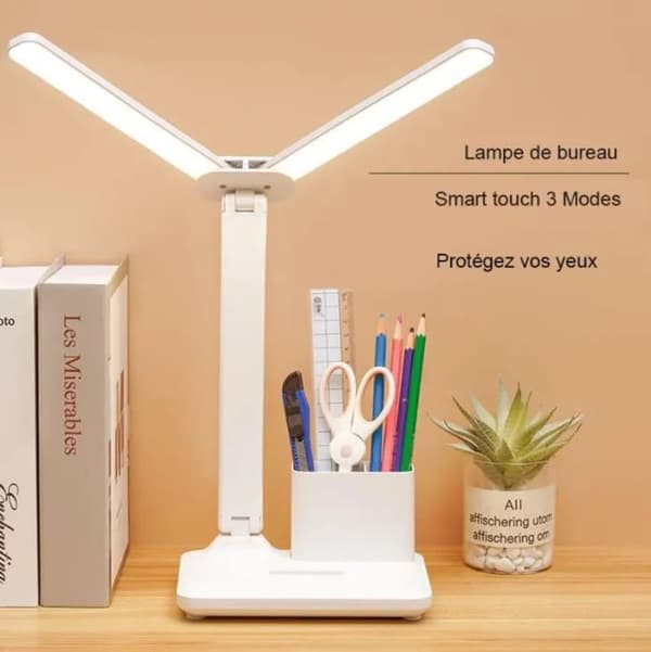 LED skrivebordslampe med 3 lysstyrkemoduser - berøringskontroll - øyevern - USB-lading - pennholder - dobbelt hodebelysning