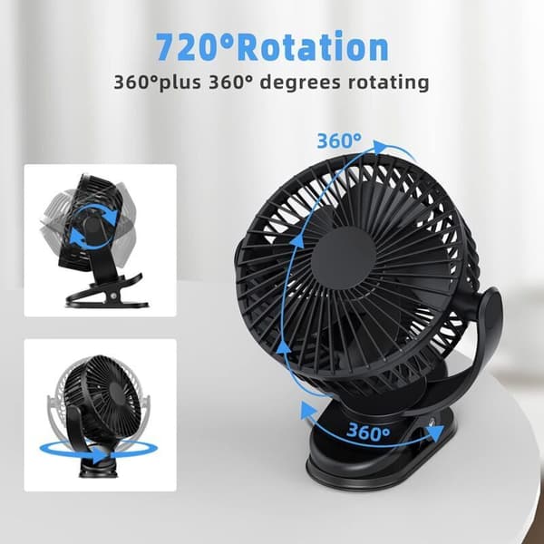 USB-blæser. Genopladelig bærbar blæser. 3 hastigheder. Klemmebeslag. 360° rotation - Sort.