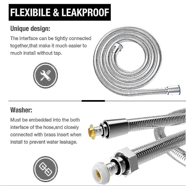 Brusestang 5m Ekstra Lang Rustfrit Stål Bruseslange, Med Massiv Messingforbindelse, Universal, Anti-burst, Kromfinish.(500cm)-HAOY