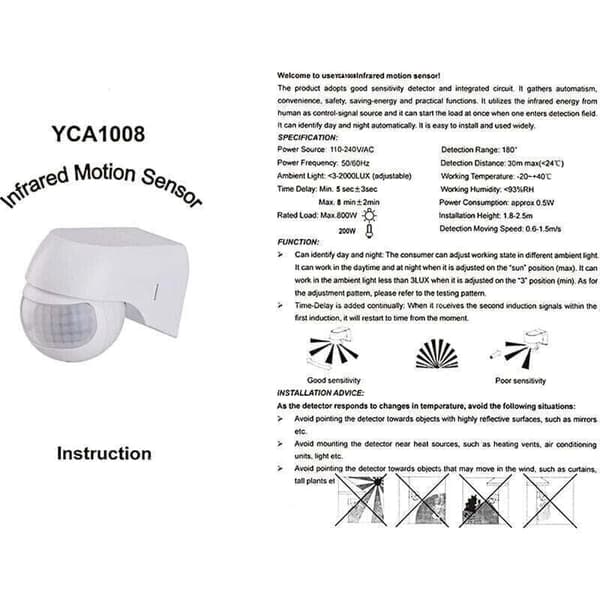 Infraröd rörelsedetektorbrytare. Utomhusmontering. Max räckvidd 30 m. 180° svängbar
