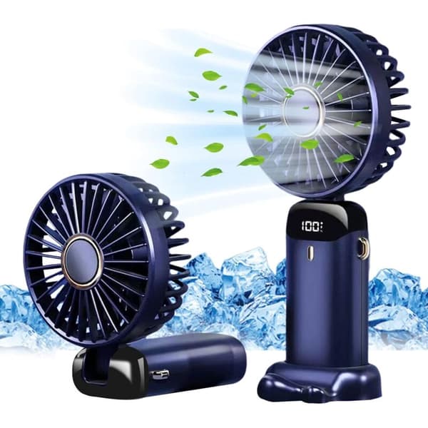 USB genopladelig bærbar ventilator med 5 hastigheder. Mini sammenklappelig bordventilator med LED-display (blå).