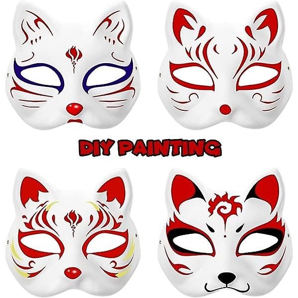 6-pakks kattmasker for maling, dyrekostymemasker DIY hvit maske halv passende for maskeradeball Halloween Cosplay-maske for barn