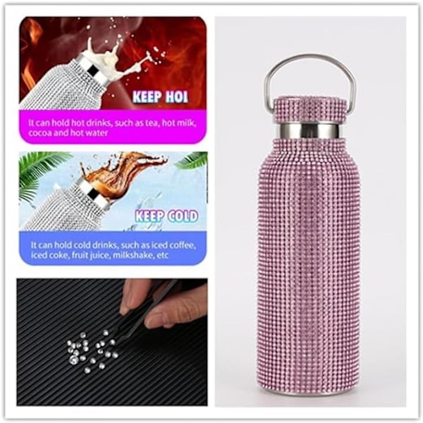 Bling Kop, Glitter Vandflaske, Termisk Vandflaske i Rustfrit Stål med Kæde til Kvinder (sølv 500ml)