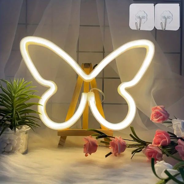 Perhonen Neonvalo, USB Tai 3-AA Paristokäyttöinen Neonvalo, LED-pöytäkoriste, Seinäkoriste Tytöille, Lämmin Valkoinen