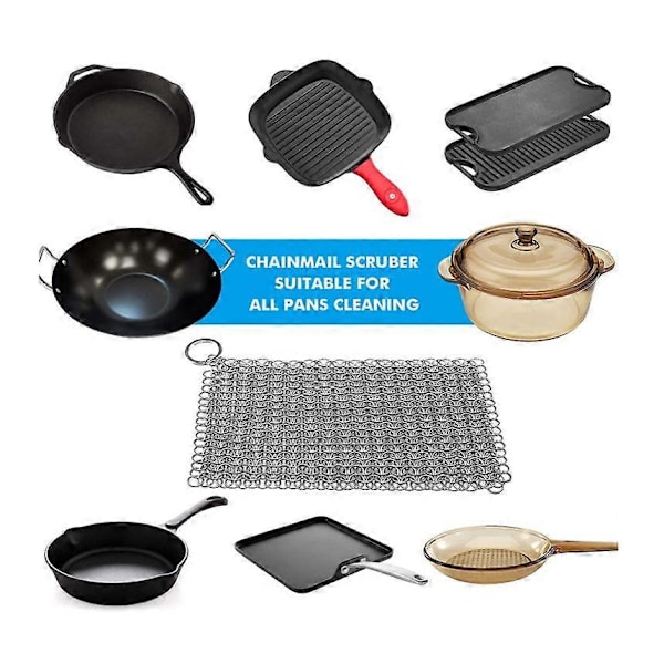 Rostfritt Stål Gjutjärnsstekpanna Rengörare Gjutjärnsskrapa 316 Kedjenät Skrubb för Gjutjärnspannor, Förkryddade Pannor, Griddle Pannor, BBQ Grillar, an