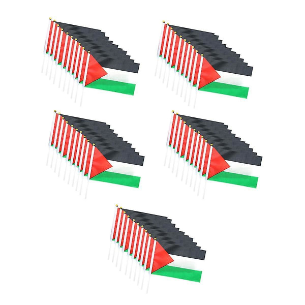 50 st Palestina flagga liten med stång, 14X21cm Palestina hand viftande flagga - dubbelsidig fin handhe[HSFff]